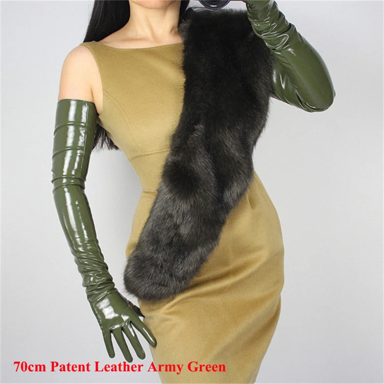 Новый 2019 Лакированная кожа женские перчатки искусственного натуральная кожа синтетическая кожа PU Армейский Зеленый Женские варежки 50 см P44