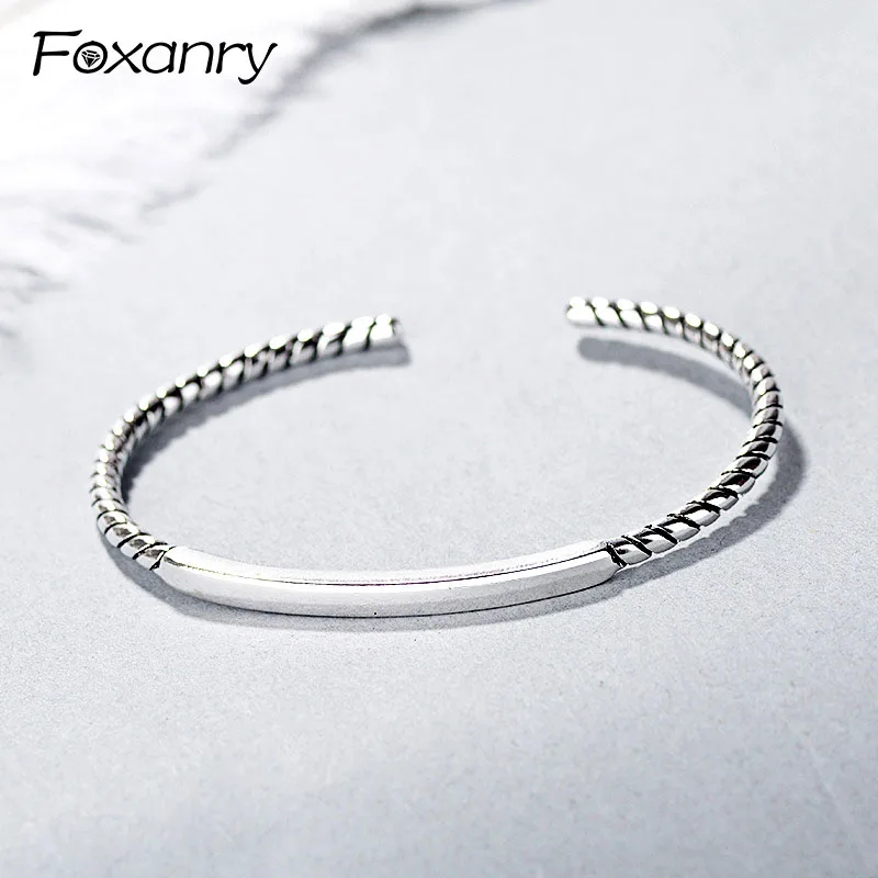 Foxanry серебро 925 пробы модные простые Геометрические манжеты браслеты пары