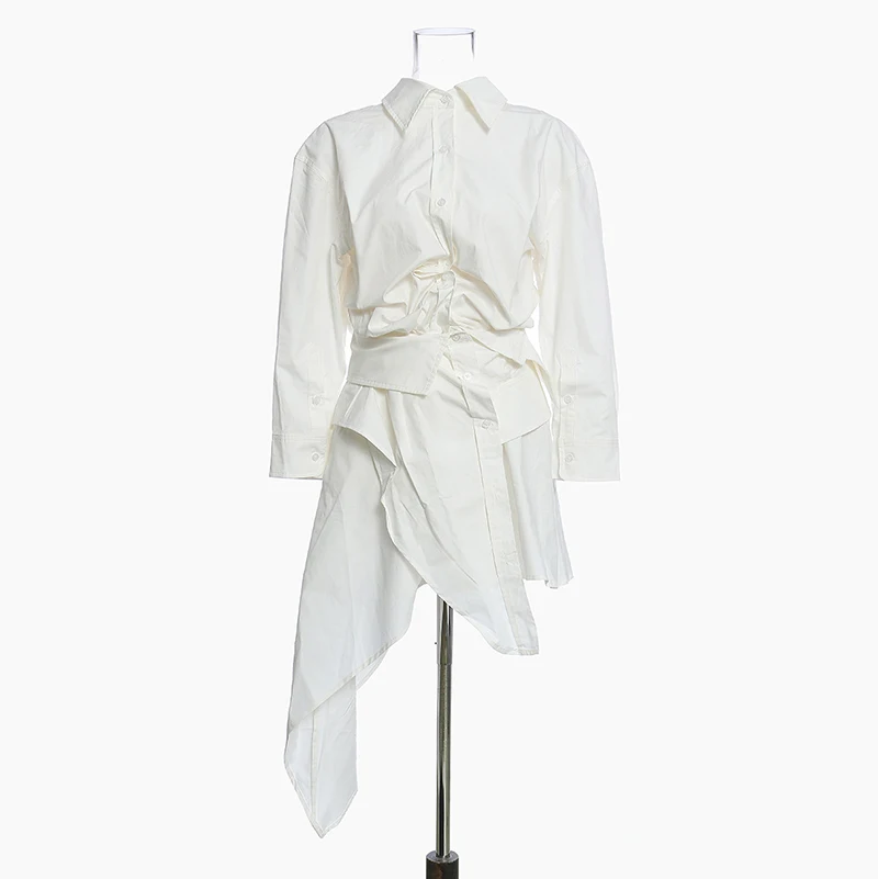 [EAM] Women Pleated Mesh Irregular Stitch Shirt Dress New Lapel Long Sleeve Loose Fit Fashion Tide Spring Autumn 2020 1Z823