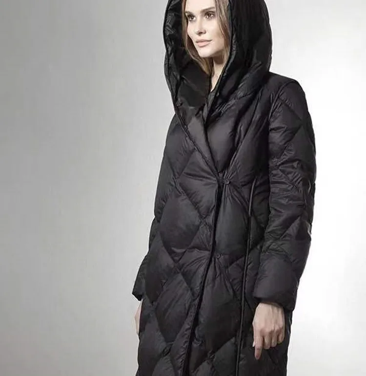 Зимнее длинное пальто выше колена с капюшоном и белым гусиным пухом, женское модное пальто с алмазной строчкой, цвет хаки, черный гусиный пух, F342