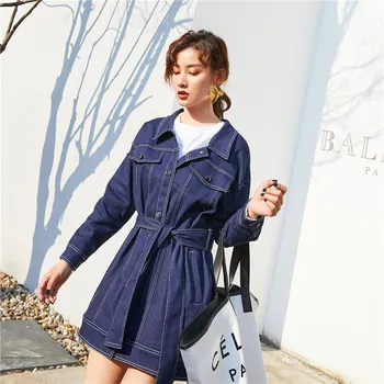 

Women Denim Trench 2019 Autumn And Winter Imitation Loose Empire Waist Turn-down Collar Casual Denim Trench