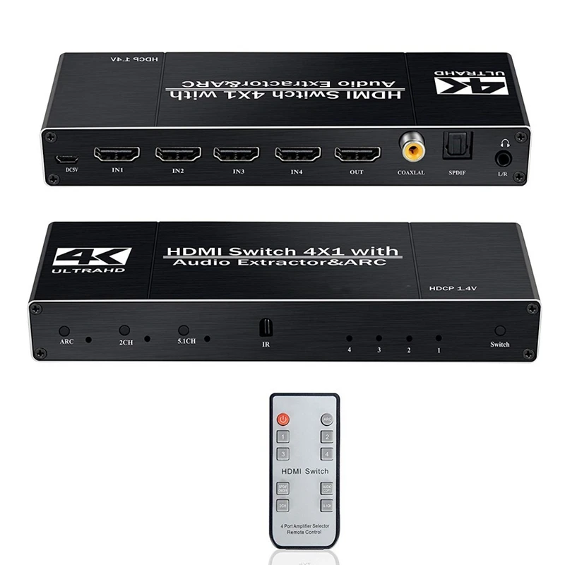 HDMI Switch 4K@60Hz 4 in 1 Out with Remote Control/Audio Optical, HDMI Splitter with Audio Extractor Support ARC