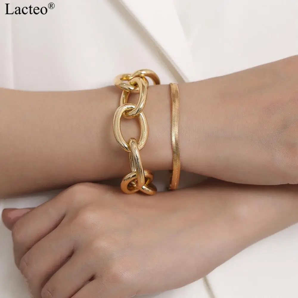 

Lacteo Punk 2 Pcs/set Tight Snake Chain Bangle Bracelet for Women Exaggerated Thick Chunky Chain Charm Bracelet Jewelry Bracelet