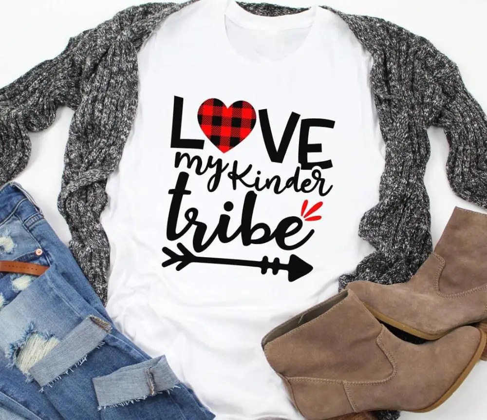 Клетчатая футболка Buffalo Love My Kinder Tribe, рубашка для учителя, футболка унисекс с графикой, гранж, эстетическая футболка, хлопок, мягкий и удобный топ - Цвет: White
