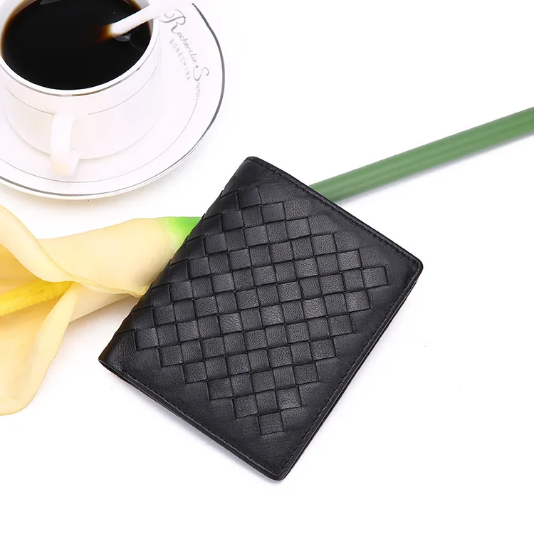 

Full Leather Woven Wallet Men Short Lambskin Handmade Weave Wallet Luxury Hardcover yangpi Wallet