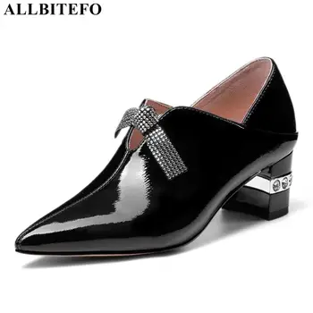 

ALLBITEFO Rhinestone bowtie genuine leather thick heel women high heel shoes brand high heels office ladies shoes women heels