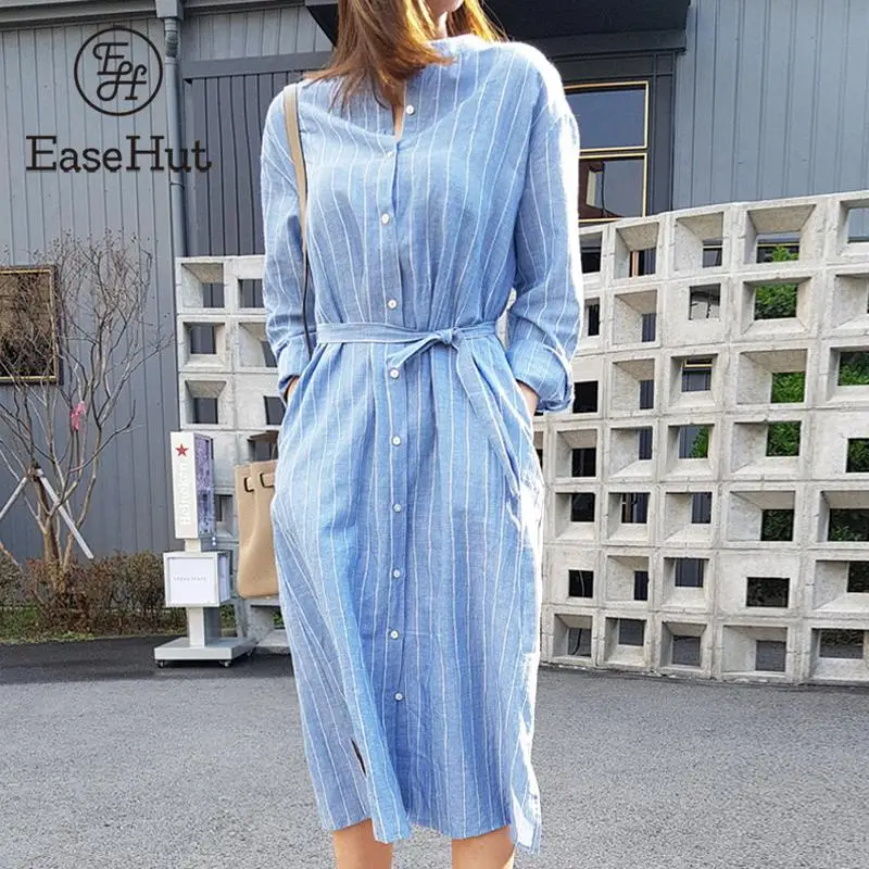 

EaseHut Fashion Women Striped Shirt Dress Long Sleeves Belted Buttoned Front Slit Pockets Vintage Loose Casual Midi Dress Blue