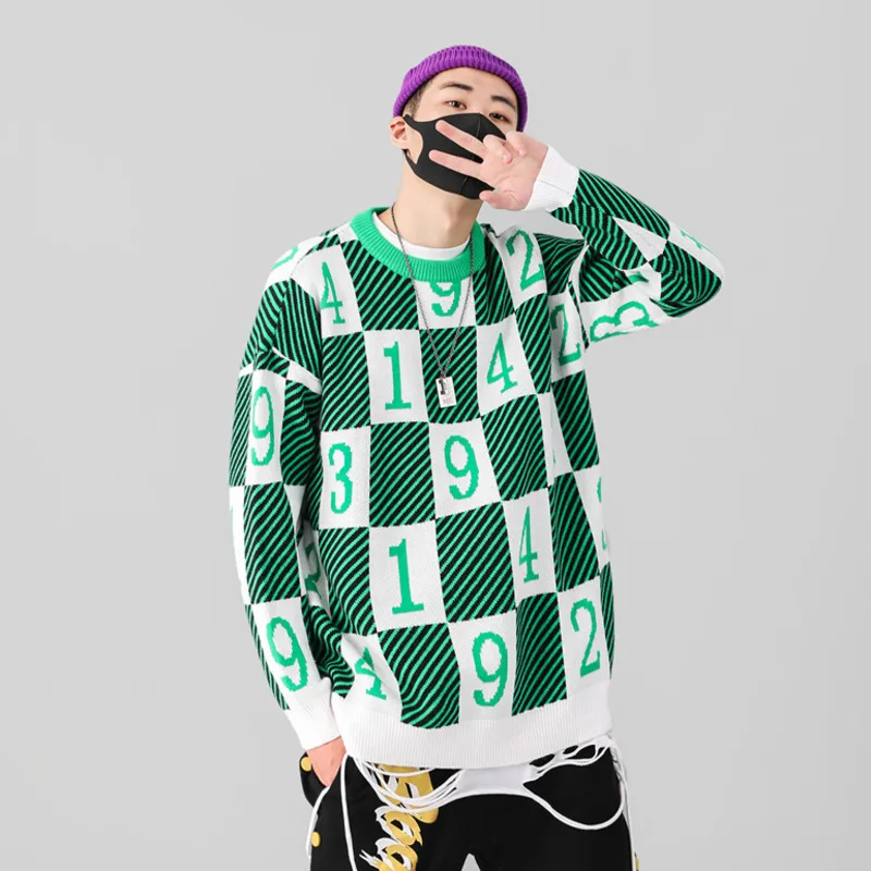 #1552 Autumn Winter Plaid Harajuku Hip Hop Sweater For Men Pullover Streetwear Knitwear Man NO. Pattern Sweater Mens Jumpers