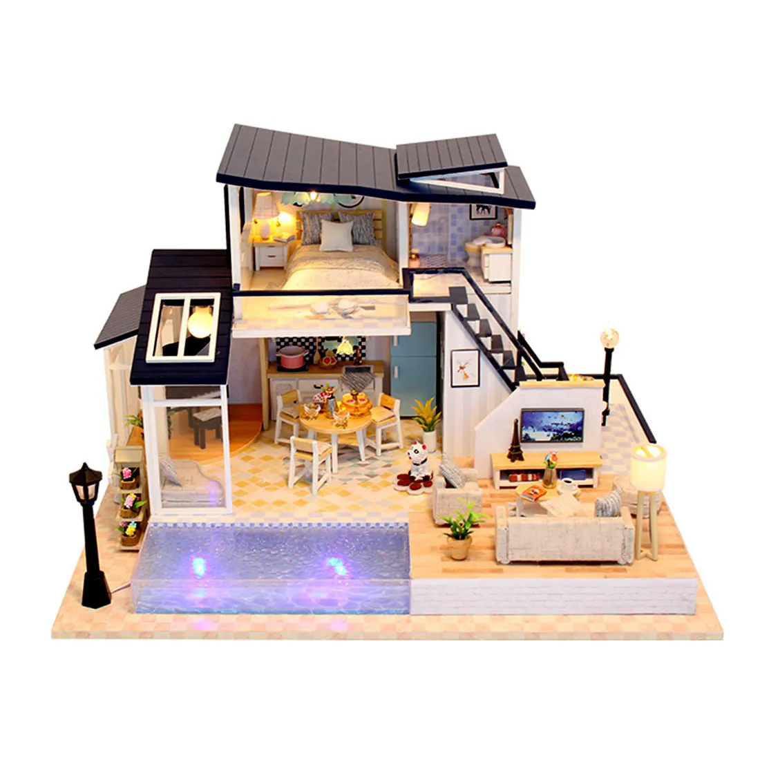 

NFSTRIKE DIY Creative Handmade Theme Wooden Cabin Assembly Model Building Dollhouse Toy Set With Light And Music