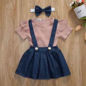 

3Pcs Baby Clothes Girl Overalls Outfit Infant Fly Sleeve Solid Romper Breathable Newborn Strap Skirt Bow Headwear Set Jumpsuit