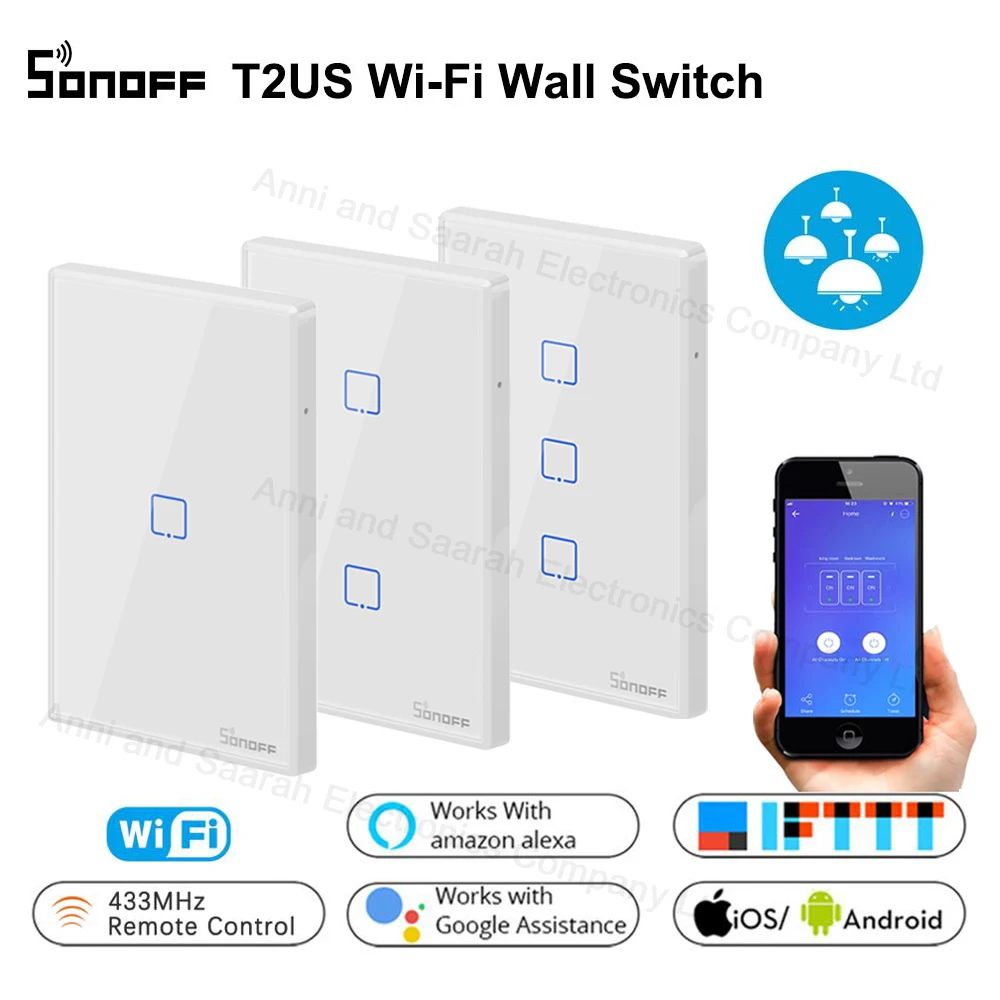

Sonoff T2 WiFi Smart Wall Touch Light Switch US 1 2 3 Gang RF Wireless Remote Light Smart Home Controller Work with Google Home