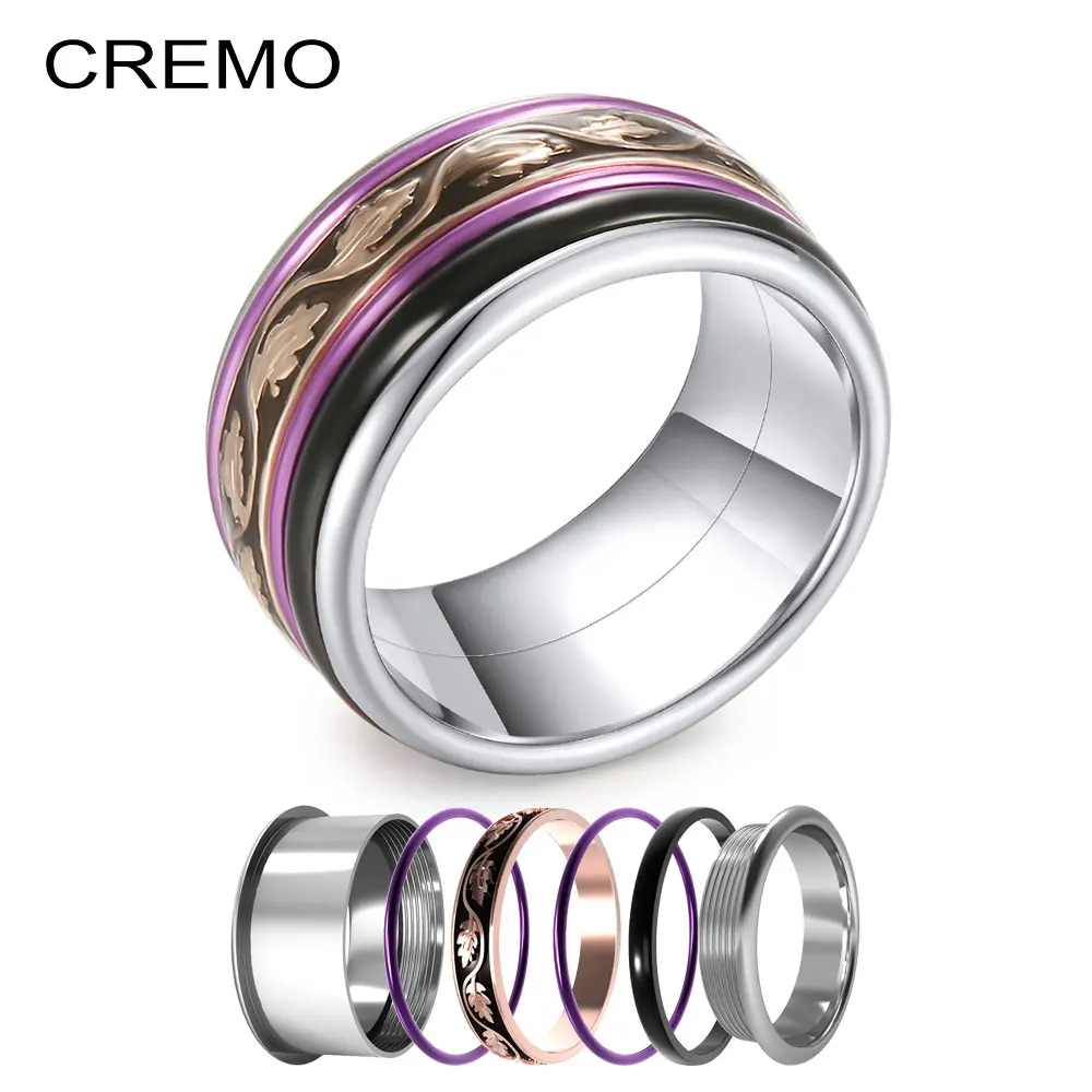 

Cremo Black Rings Sets Women Leaf Stainless Steel Ring Band Spinner Ring Silver Reversible Wedding Band Festival Gifts