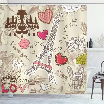 

Paris Shower Curtain, Doodles Illustration of Eiffel Tower Hearts Chandelier Flower Love Themed Vintage, Cloth Fabric Bathroom