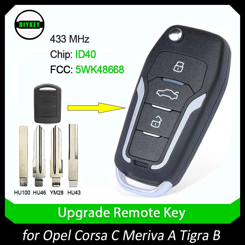Diykey Aggiornato Flip Remote Car Key Fob 2 Pulsante 433Mhz Id40 Chip Per Opel Corsa C Meriva A Tigra B Twin Top 5Wk48668