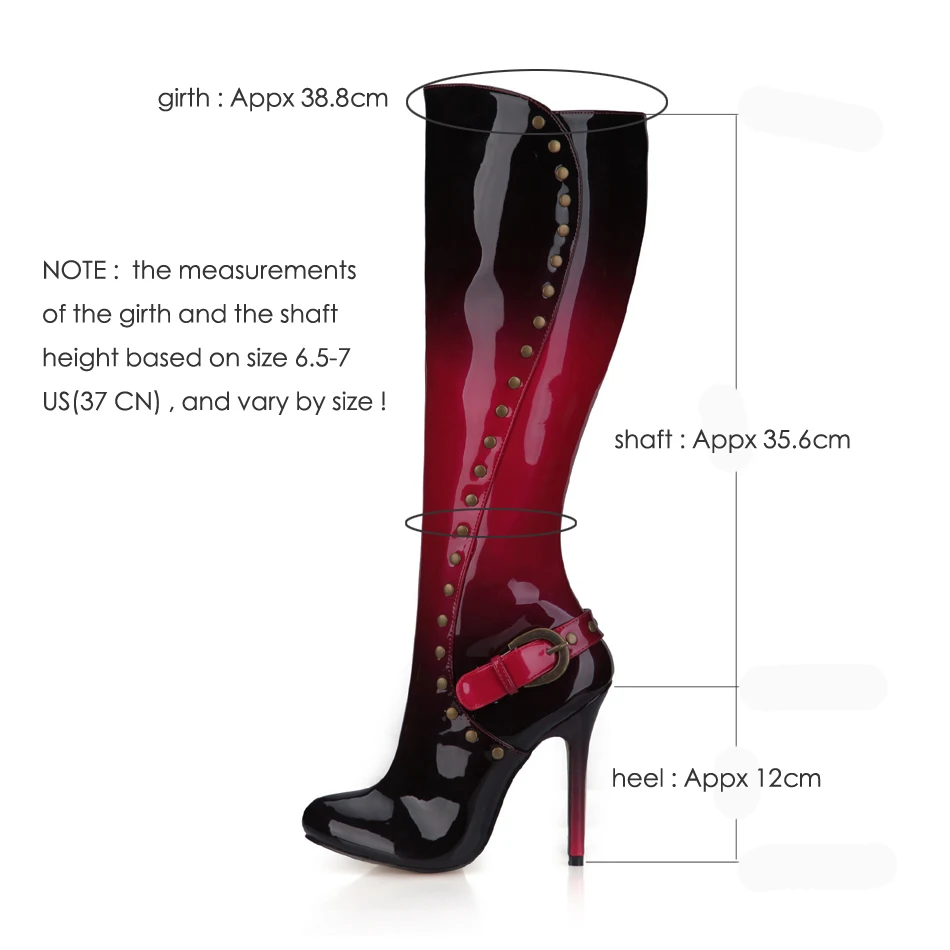 Women Stiletto High Heel Knee-High Boots Round Toe  Buckle Rivet Patent Fashion Evening Party Lady Office Long Boots 0640CBT-m