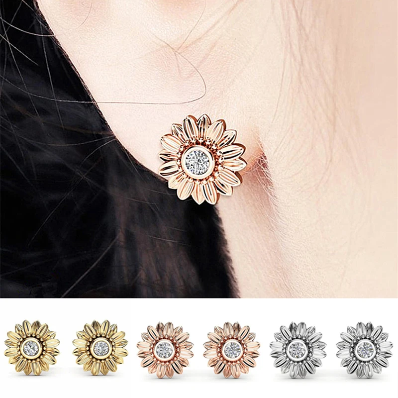 Модные серьги-гвоздики для женщин, нежный Солнечный Подсолнух, кубический цирконий, 3 цвета, вечерние серьги-ромашки, подарок, модное ювелирное изделие
