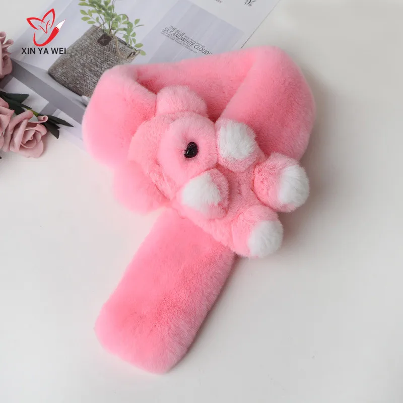 Pink Меховой шарф с мишкой Тедди, шарф из кролика Рекс, теплый меховой воротник, теплая зима, для детей, женский меховой шарф CN-445 - Цвет: Pink