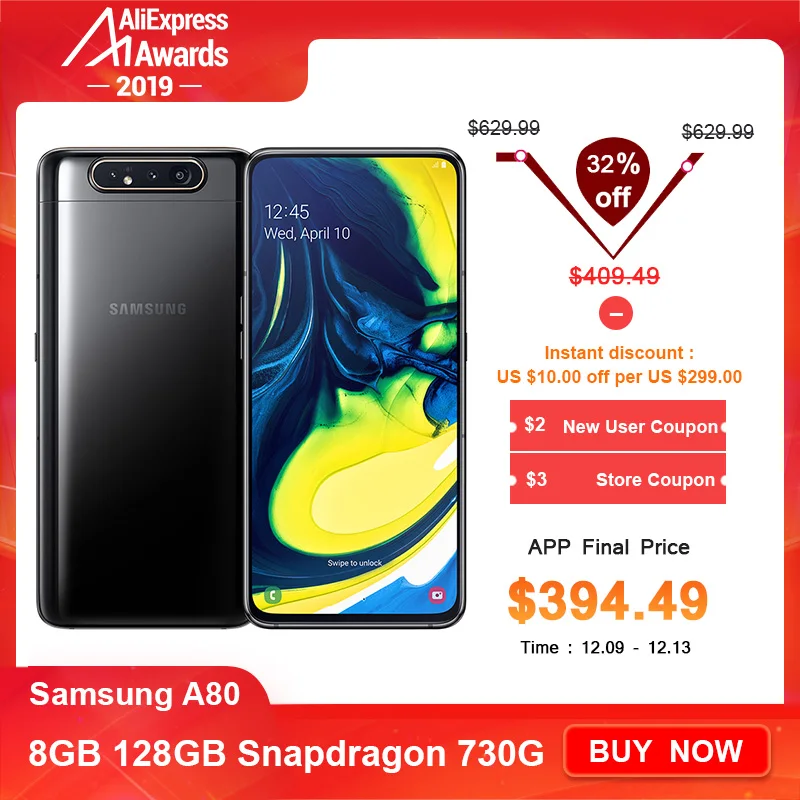 Смартфон samsung Galaxy A80 6," дисплей бесконечности Snapdragon 730G Восьмиядерный 8 Гб 128 ГБ вращающаяся камера 48мп мобильный телефон