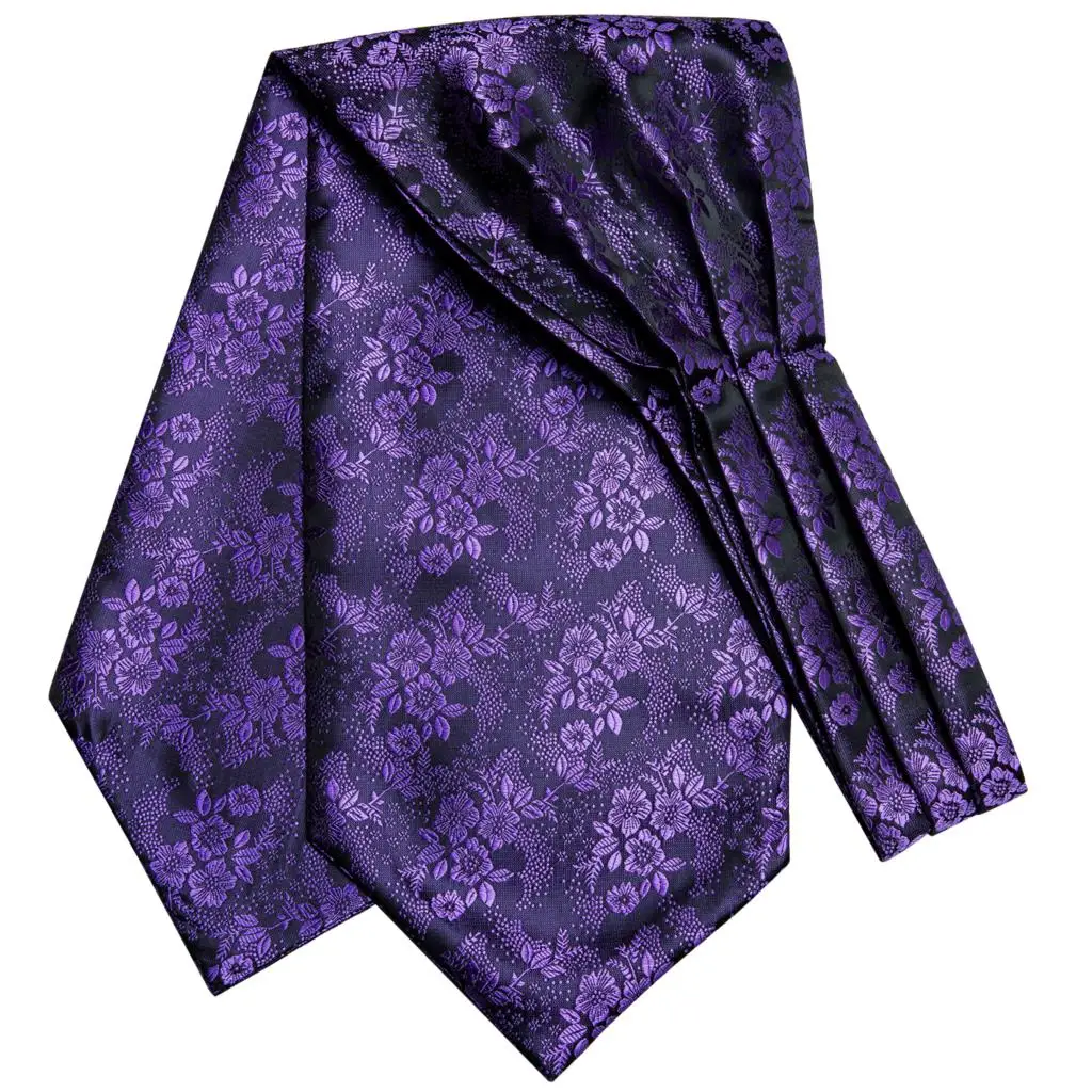 Hi-Tie Silk Men's Ascot Tie Pocket Square Cufflinks Set Cravat Ascots Scrunch Self British Style Gentleman Dress Scarves Party