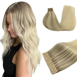 POPUKAR Tape in Human Hair Extensions Platinum Blonde Balayage Seamless Skin Weft Straight Remy Human Hair  16 inches 20pcs 40g