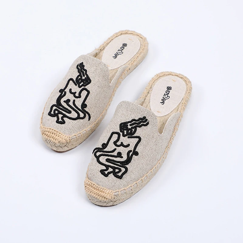 

CuddlyIIPanda New Canvas Espadrilles Straw-woven Linen Women Slippers Hemp 3D Abstract Embroidered Fisherman Shoes Mules Slides
