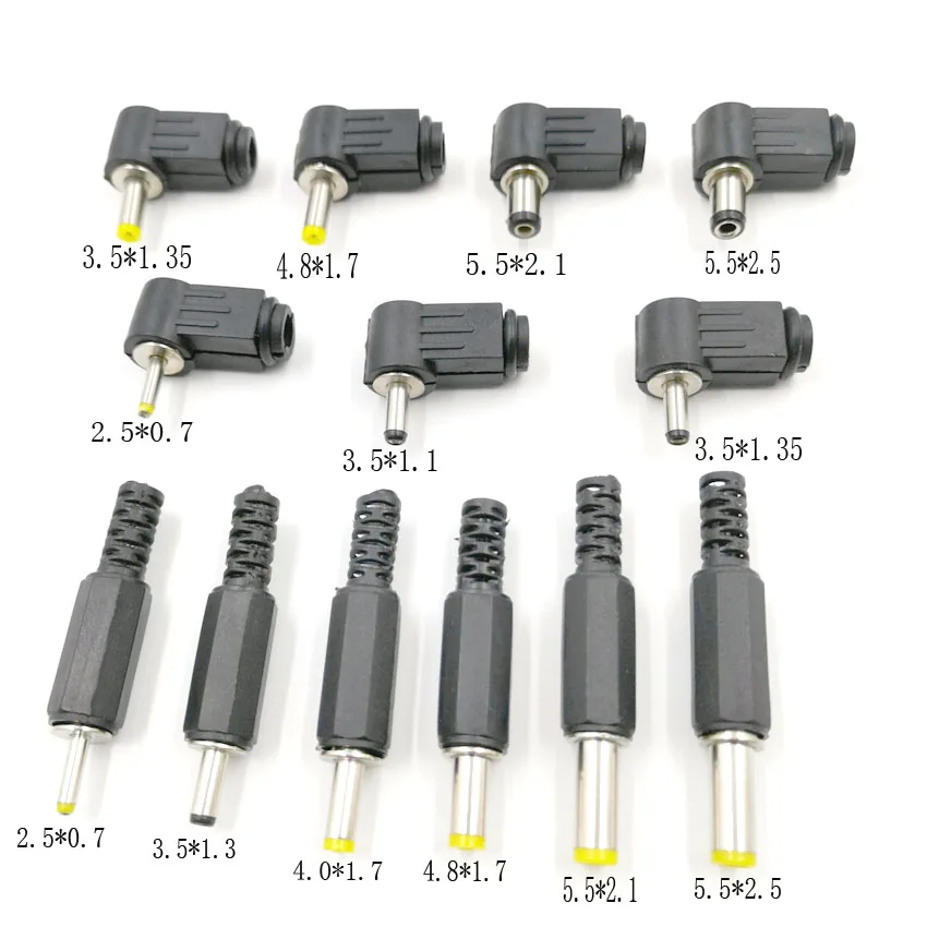 

10PC 5.5x2.5 5.5x2.1 4.8x1.7 4.0x1.7 3.5x1.35 3.5x1.1 2.5x0.7 mm Male DC Power Plug Connector Angle 90 180 degree L Shaped Plugs