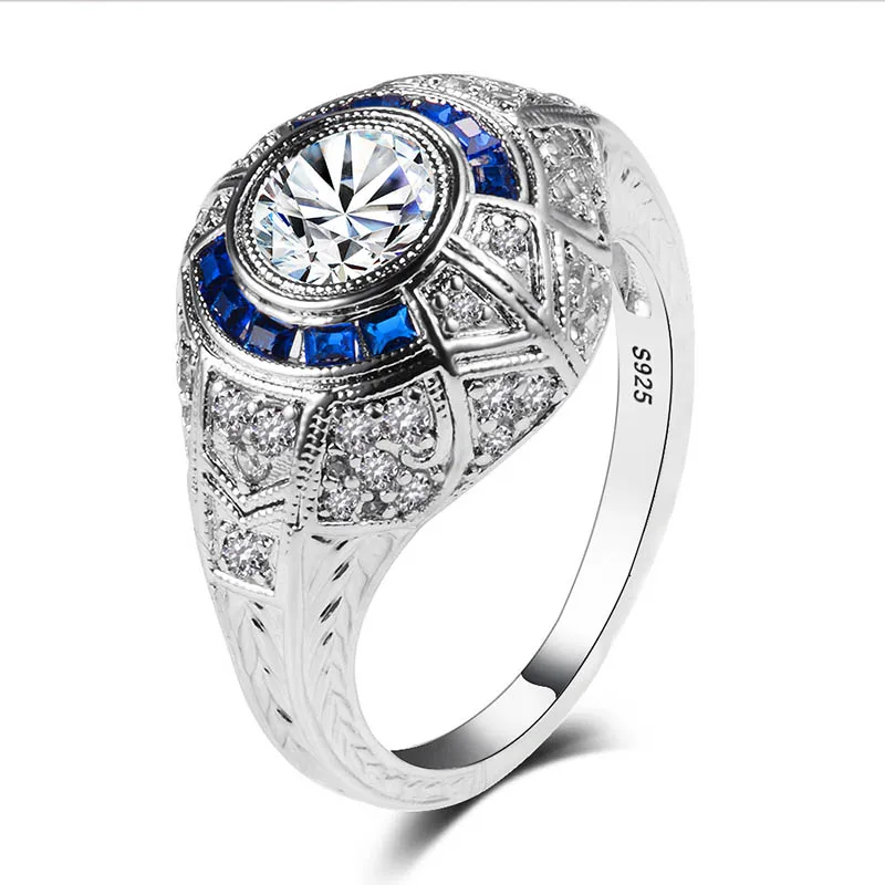 Серебристый Bague Ringen, круглое серебряное 925 Ювелирное кольцо с камнями для женщин, сапфир, циркон, размер 6, 7,8, 9,10, этнический стиль, Подарок на годовщину - Цвет камня: Серебристый
