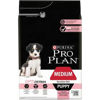 

Сухой корм Purina Pro Plan для щенков средних пород с чувствительной кожей, лосось с рисом, пакет, 3 кг