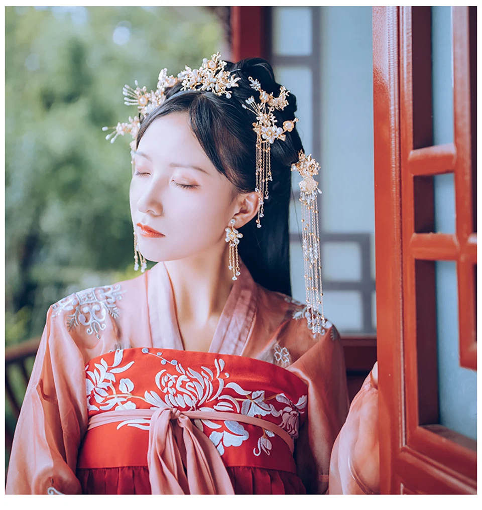 Hanfu головной убор шпилька свадебные головные уборы древний ветер цветок жемчуг ручной работы аксессуары для волос полный набор аксессуаров