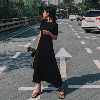 

SuperAen New 2020 Summer Long Dress Women Solid Color Korean Style Fashion Ladies Dress Short Sleeve Cotton Women Clothing
