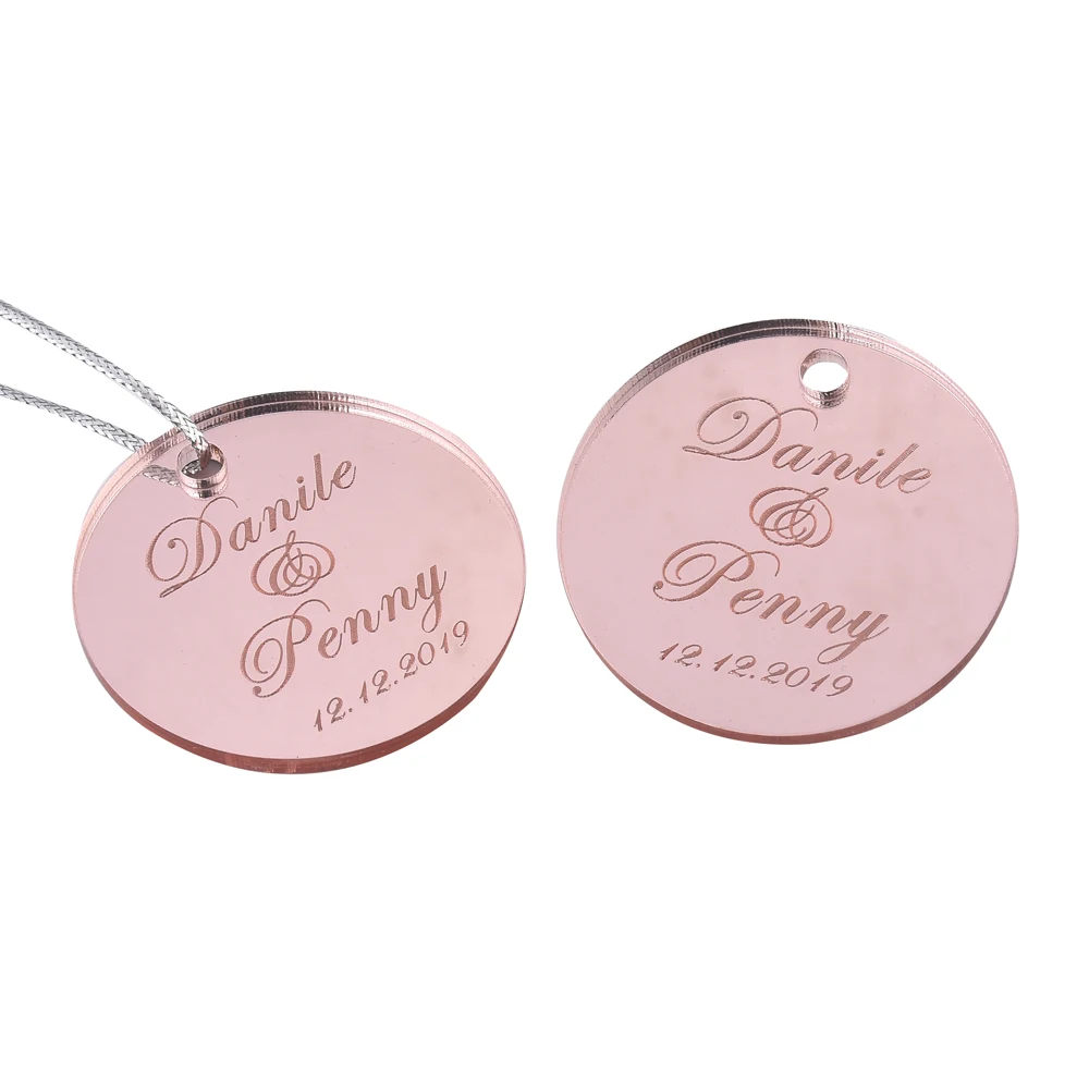 

20PCS Personalized Engraved Mirror Rose Pink Circle Wedding Name Tags Wine bottle Tags Baby Shower Gift Tags 4CM