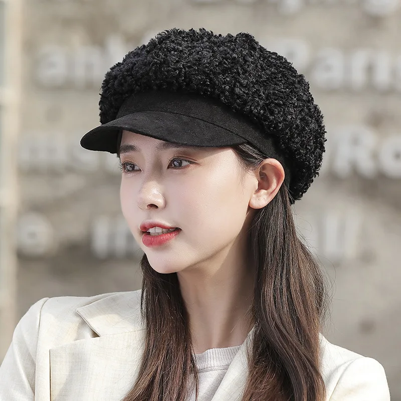 

Autumn Winter New Korean Cashmere Octagonal Hat Simple Painter's Hat Fashion Suede Beret Hats Lady Fluffy Duck Cap