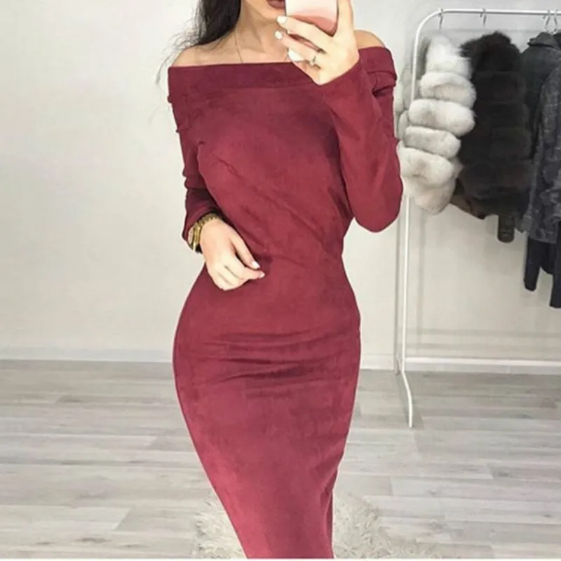 Женское облегающее платье с длинным рукавом, сексуальное платье с вырезом лодочкой, осенне-зимнее женское платье миди, женские вечерние платья из замши размера плюс GV116 - Цвет: Wine Red