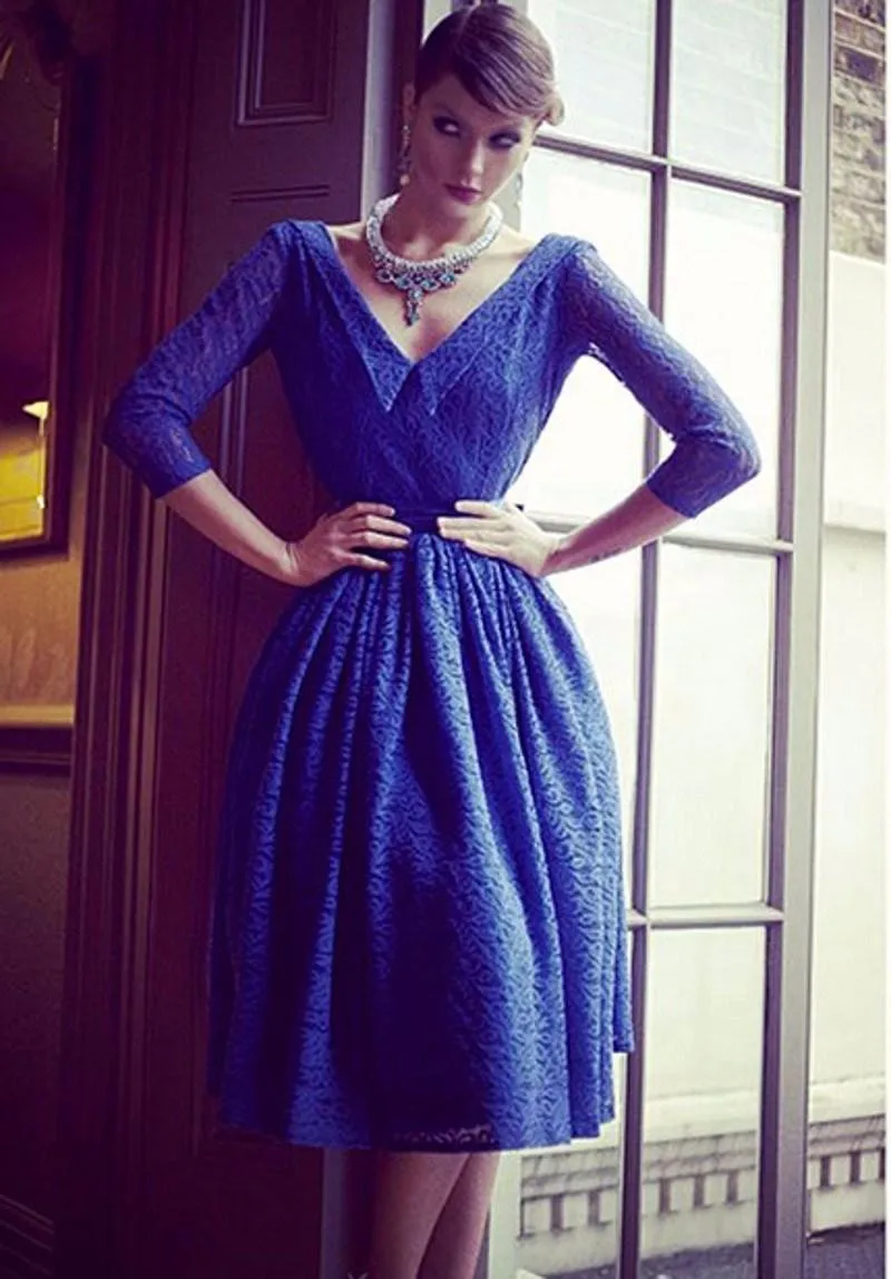 Royal Blue Lace Short Prom Sexy Backless 3/4 Sleeve Plus knee-length Evening gowns v-neck