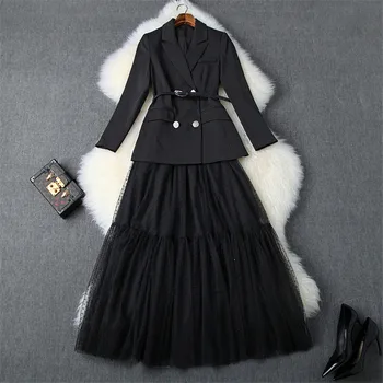 

Elegant Lady Office Business Blazer Suit Set 2019 New Designer Autumn Winter Two Piece Outfits Belted Blazer and Tulle Skirt Set