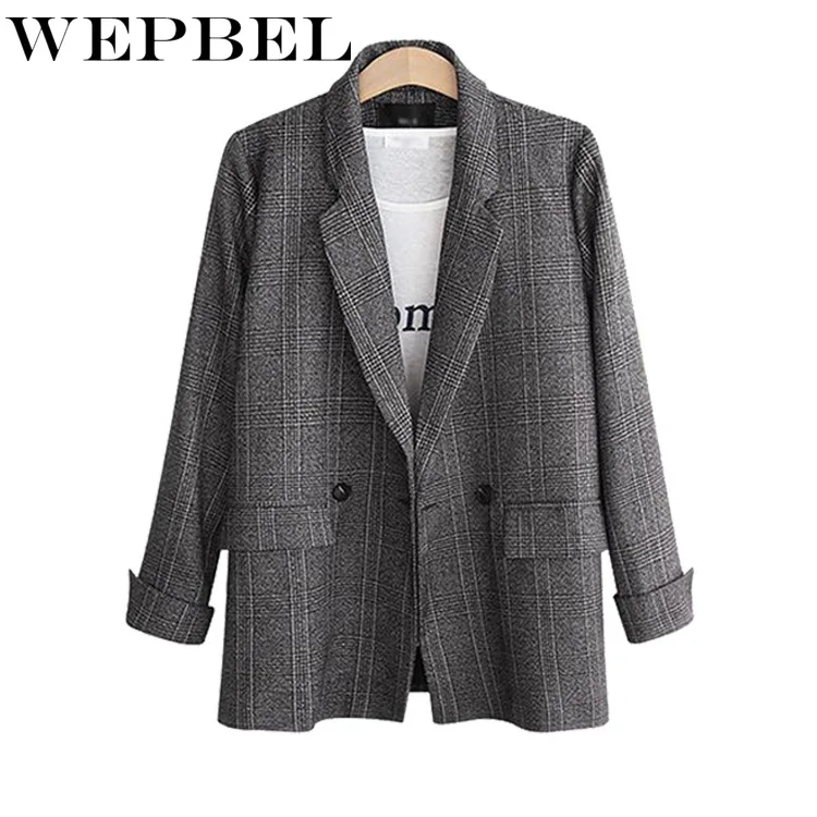 WEPBEL Женская Осенняя зимняя свободная новая модная винтажная клетчатая куртка размера плюс, Женская куртка с длинным рукавом и v-образным вырезом на пуговицах