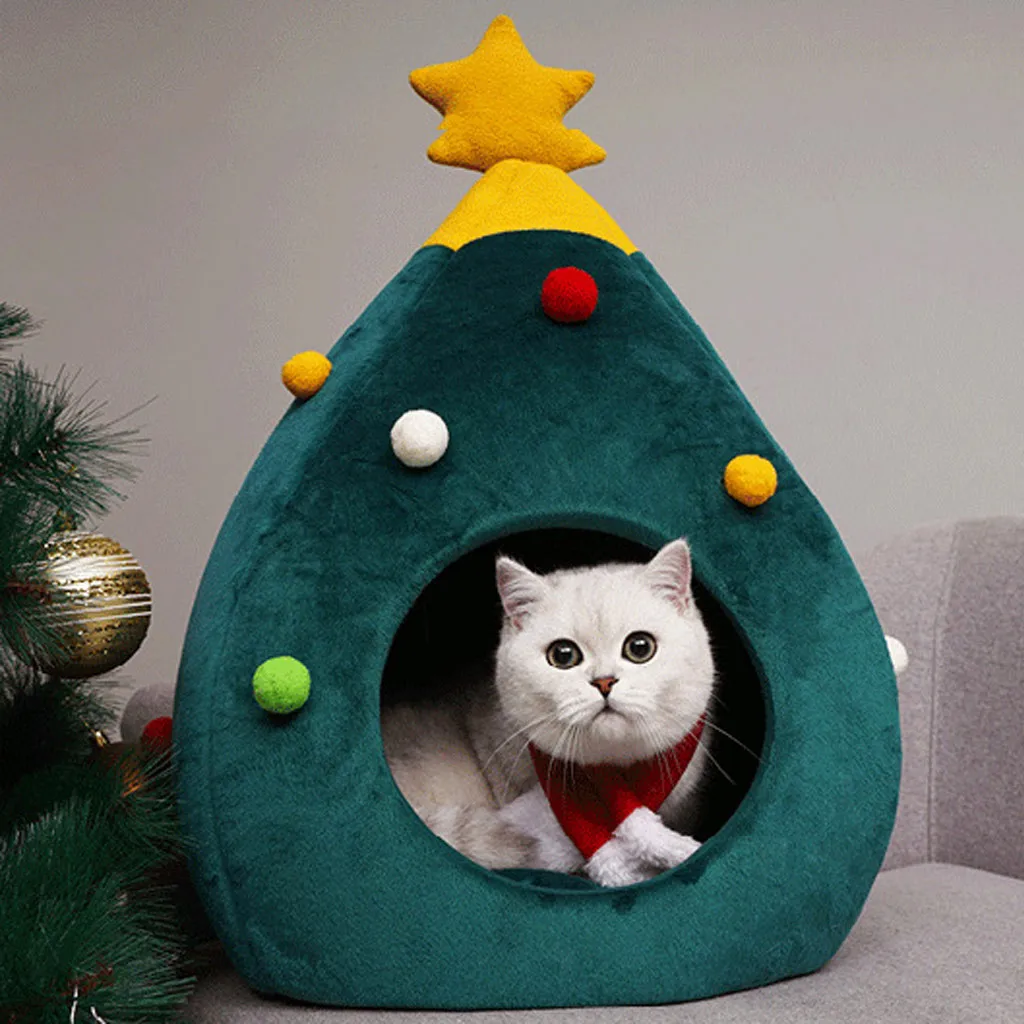 Hot sell Pet Cat Bed Indoor Kitten House Warm Half Closed Sleeping Bag Pet House Nest Cat Basket Portable Christmas Mats Winter