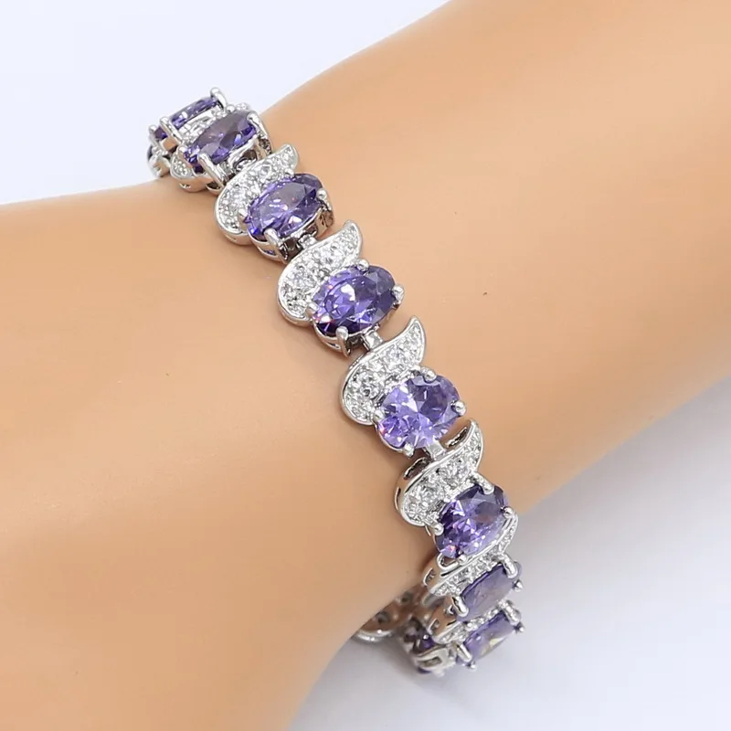 925 Silver Wedding Jewelry Sets for Women Purple Semi-precious Necklace Pendant Earrings Ring Bracelet Christmas Gift