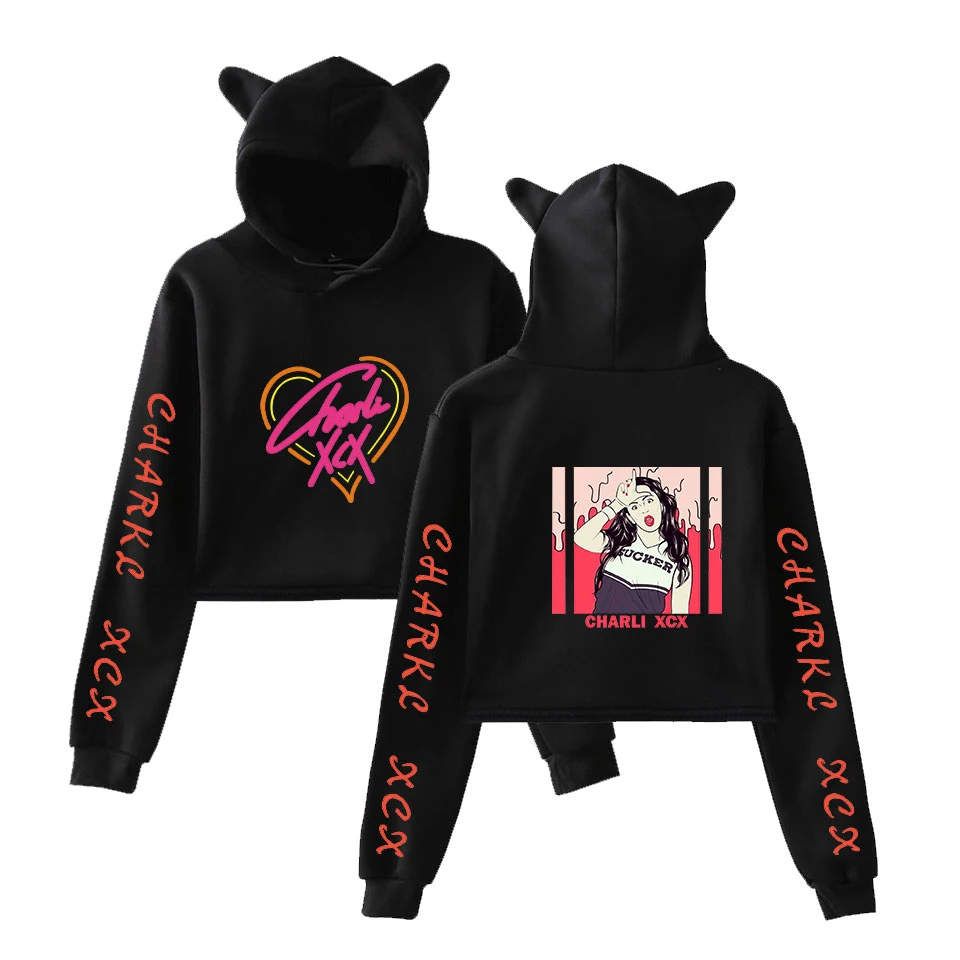 Модные Charli XCX кошачьи уши Повседневные Удобные толстовки с капюшоном для женщин поп кроп топ толстовки женские худи для девочек белые пуловеры толстовка
