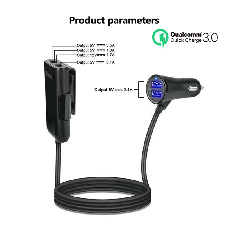 4 порта USB порт автомобильное портативное быстрое зарядное устройство QC 3,0 Автомобильное быстрое зарядное устройство для зарядки заднего сиденья автомобиля