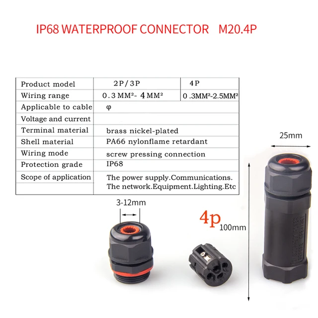 IP68 Waterproof Connector 2 Pin 3 Pin 4 Pin 5 Pin Electrical Terminal Adapter Wire Connector Screw Pin connector LED Light pin M20 4p