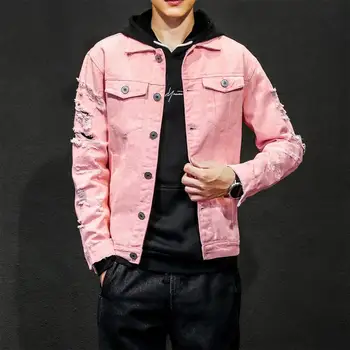 

New Plus Size Pink Black Ripped Denim Jeans Jackets Men Hip Hop Streetwear Holes Casual Fashion Men Cotton Denim Coats Outwear