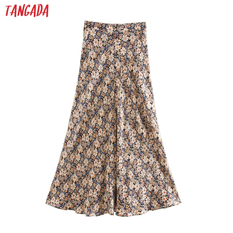 Tangada women floral print A-line skirt faldas mujer vintage side zipper office ladies elegant chic skirts 3L68