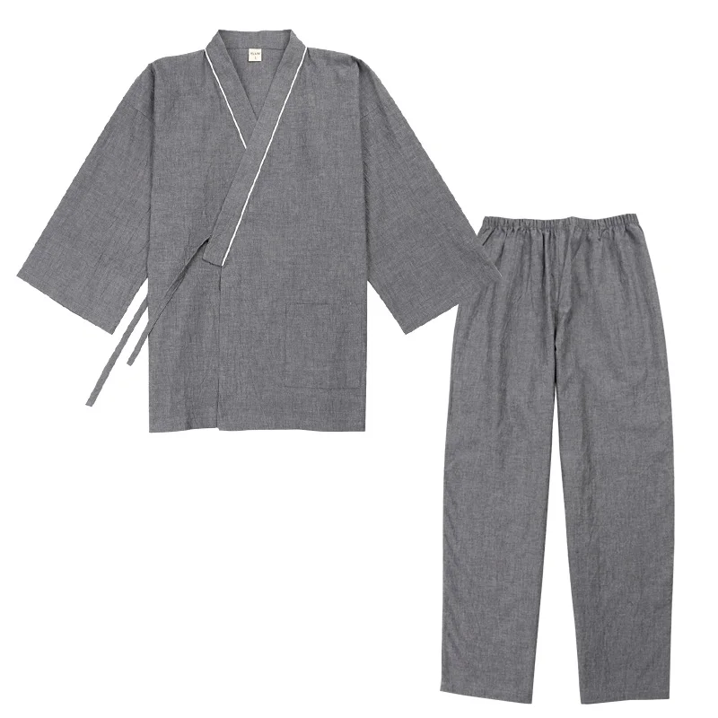 Chinese Style Retro Men\'s Cotton Pajamas Traditional Ancient Kimono Yukata Bathrobe Pants Set Sleep & Lounge Taoist Priest Wear