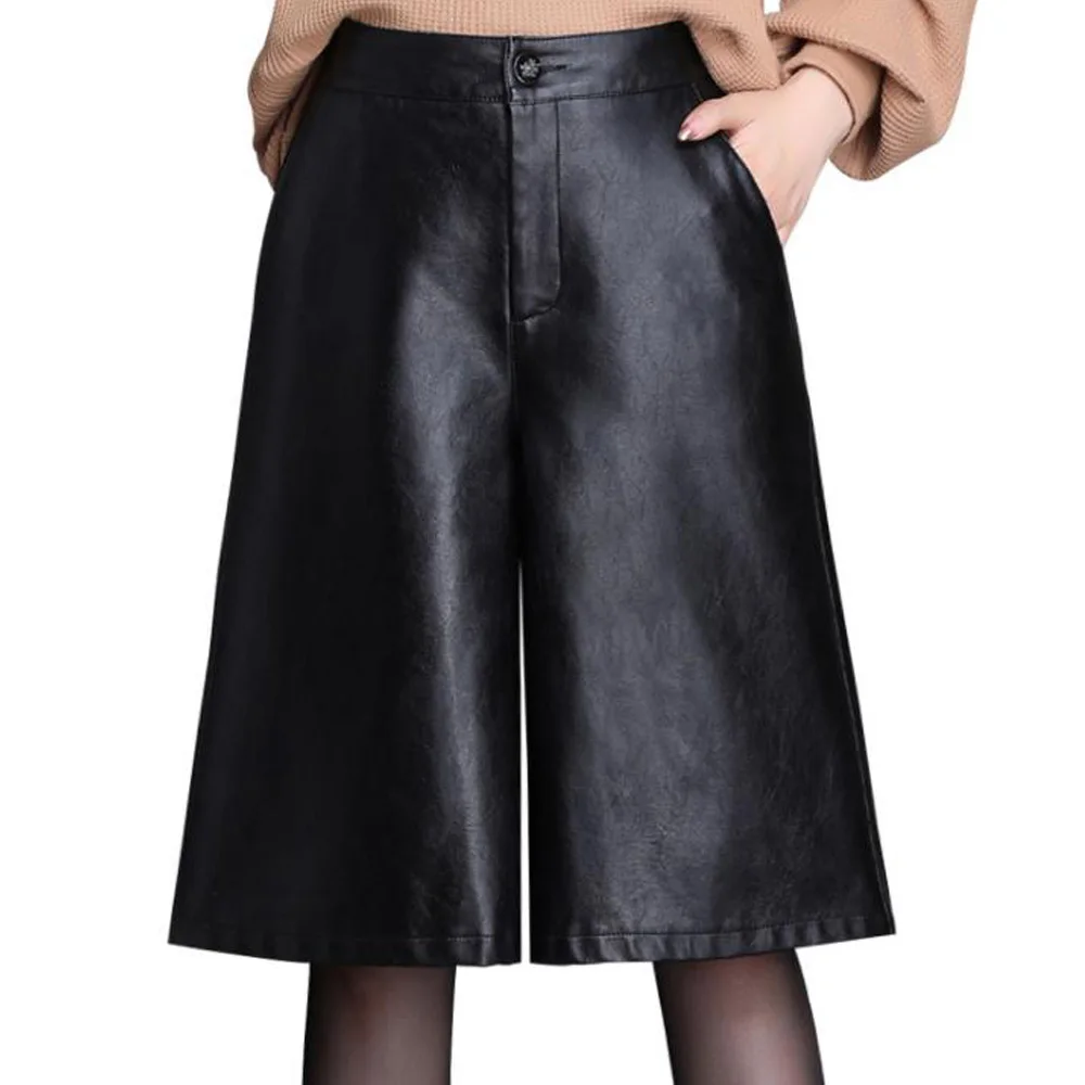 2021 Black PU Leather Bermuda Shorts For Women Loose Long Shorts Motorcycle Punk High Waist Knee Length Bermuda Femme 1