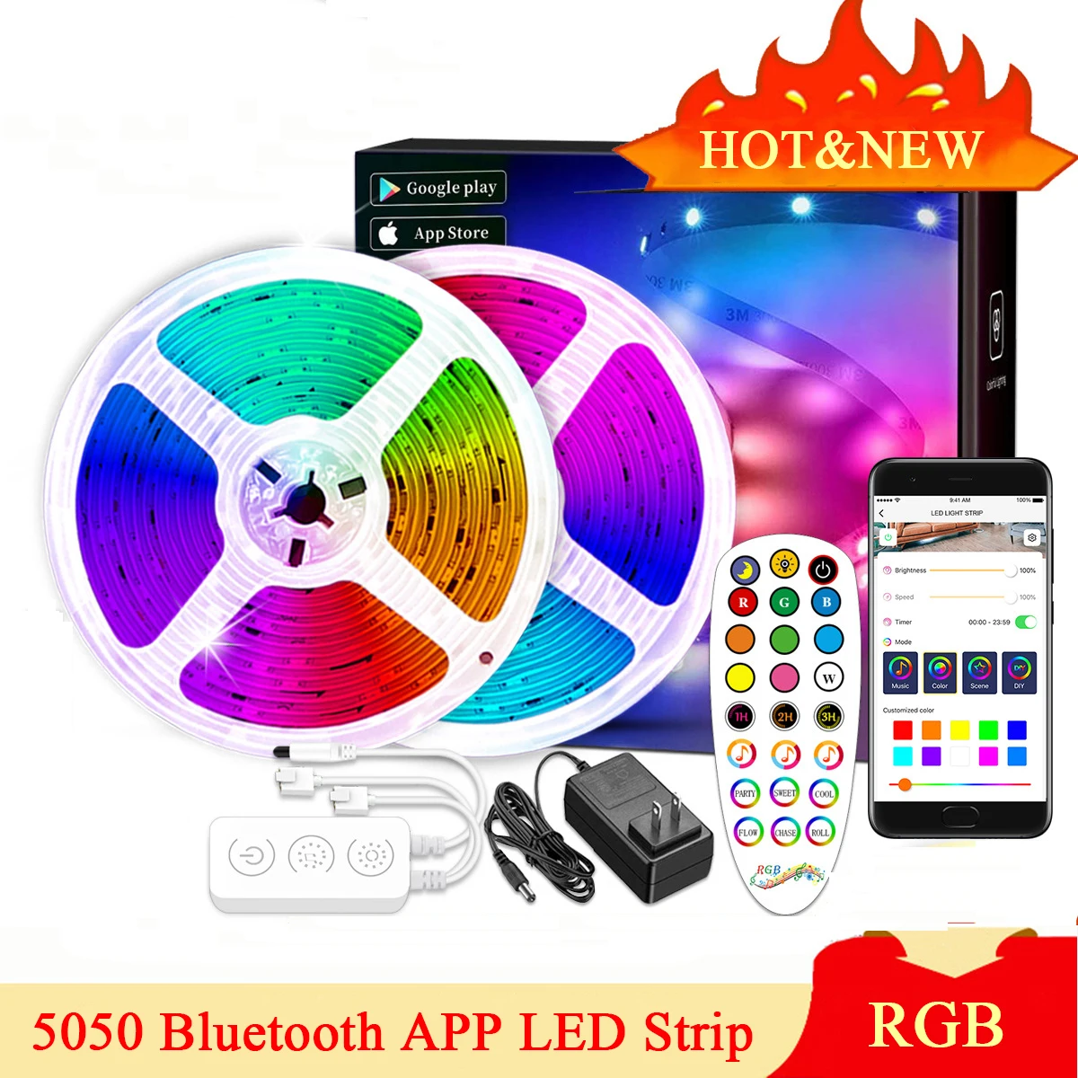 

DC12V 5050 RGB Bluetooth Music Sync LED Strip Set IP65 Waterproof 30LEDs/m Colorful Neon Flexible Light Fixture with APP Control