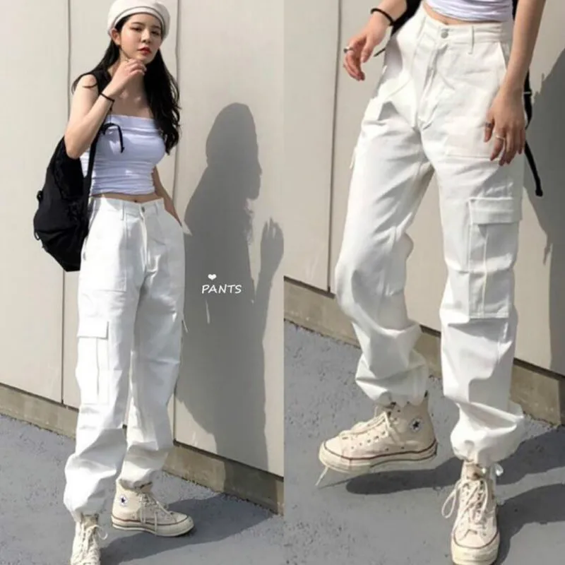 

Fall 2023 Women Harajuku Style Designer Pants Neutral Handsome Cargo Pants White Casual Korean Chic Retro Utility Pants Women