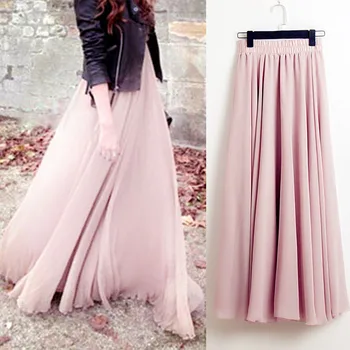 

2019 Bohemia Long Skirts Women Stretch High Waist Solid Chiffon A-Line Skirt Casual Pleated Maxi Skirt Faldas Saias Streetwear