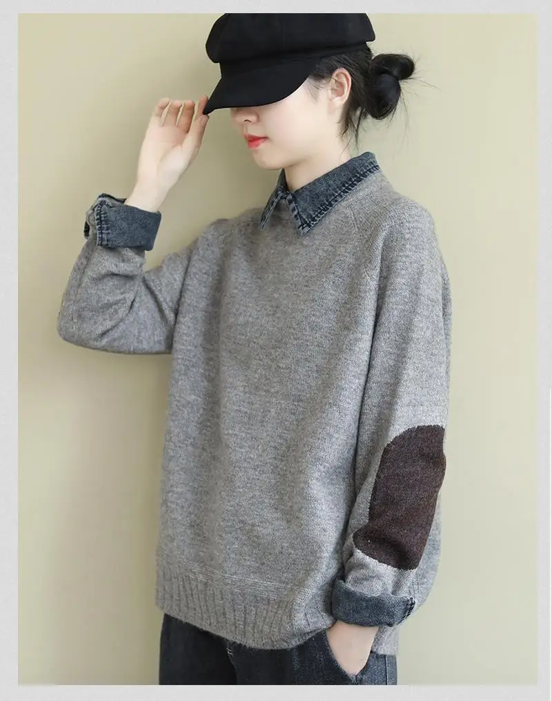 brown sweater Woman Knitted Sweater Pullovers Female O-neck Loose Retro Jumper Pullover Ladies Long Sleeve Casual Fake Two Pieces Tops A84 oversized sweaters