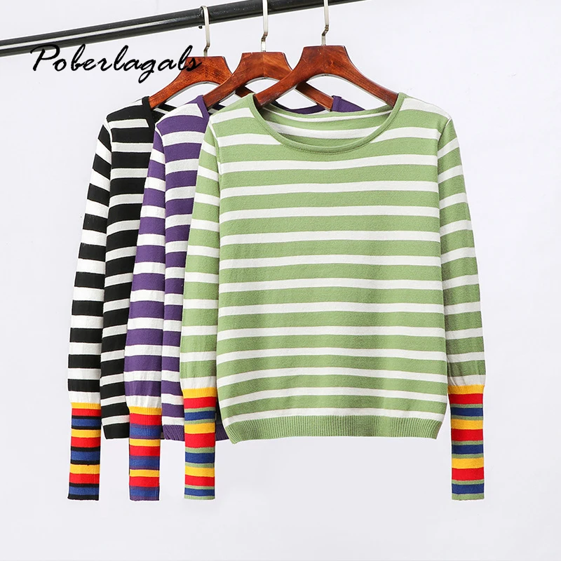 

Winter Sweater Women autumn 2019 korean striped knit o neck Black Pullovers Skinny Elastic Knitted Soft Pullover Sweaters female